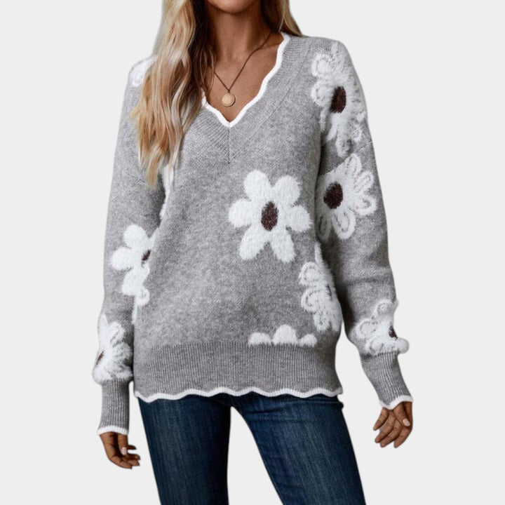 Klára – svetr s V-krkem a květinovým motivem