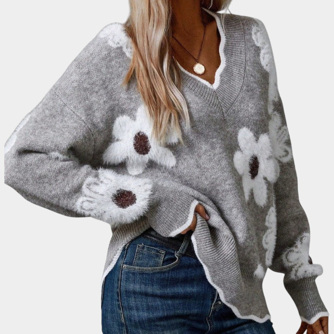 Klára – svetr s V-krkem a květinovým motivem