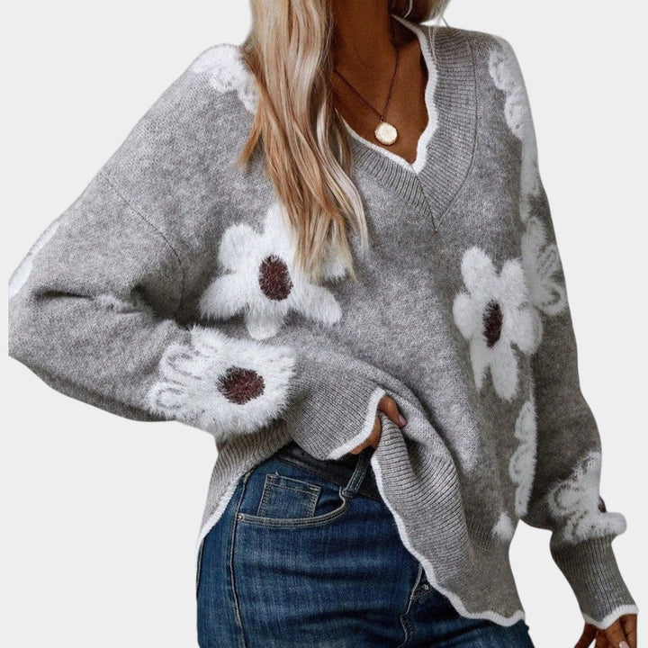 Klára – svetr s V-krkem a květinovým motivem