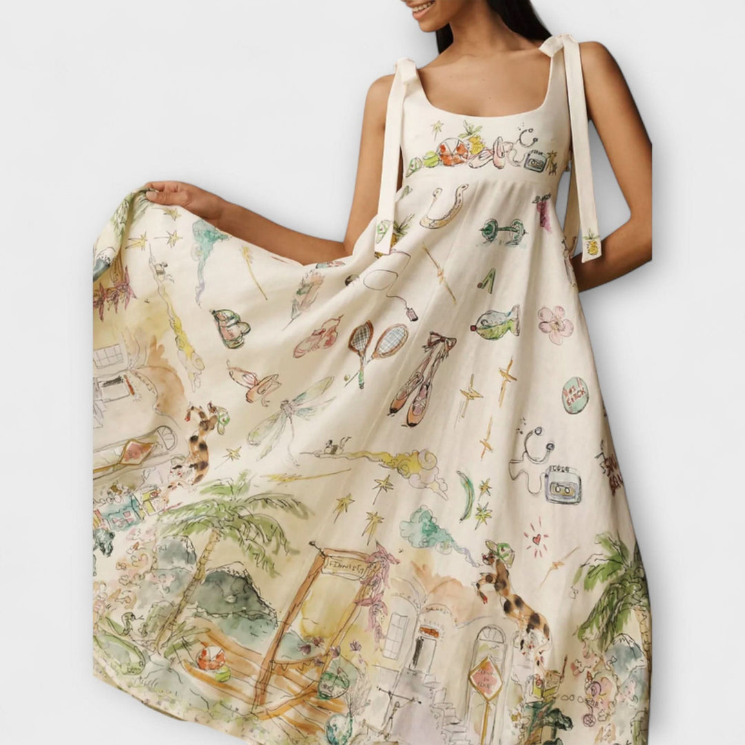 Juliette - Malovaná midi šaty z lnu s baletním páskem