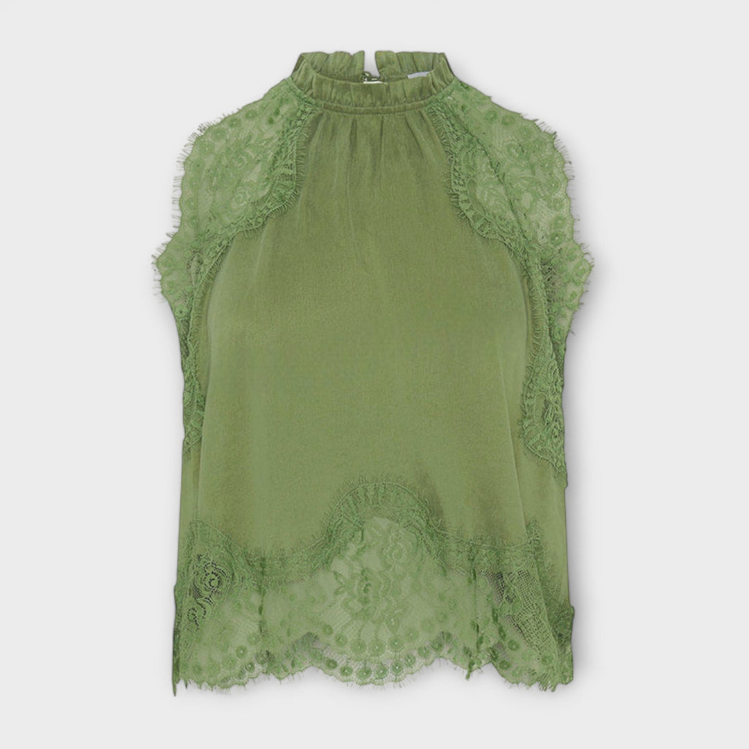 Kaia - Saténová blůza s krajkovým lemem a skládacím výstřihem