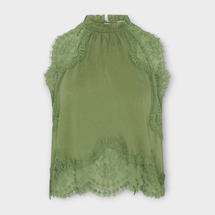 Kaia - Saténová blůza s krajkovým lemem a skládacím výstřihem