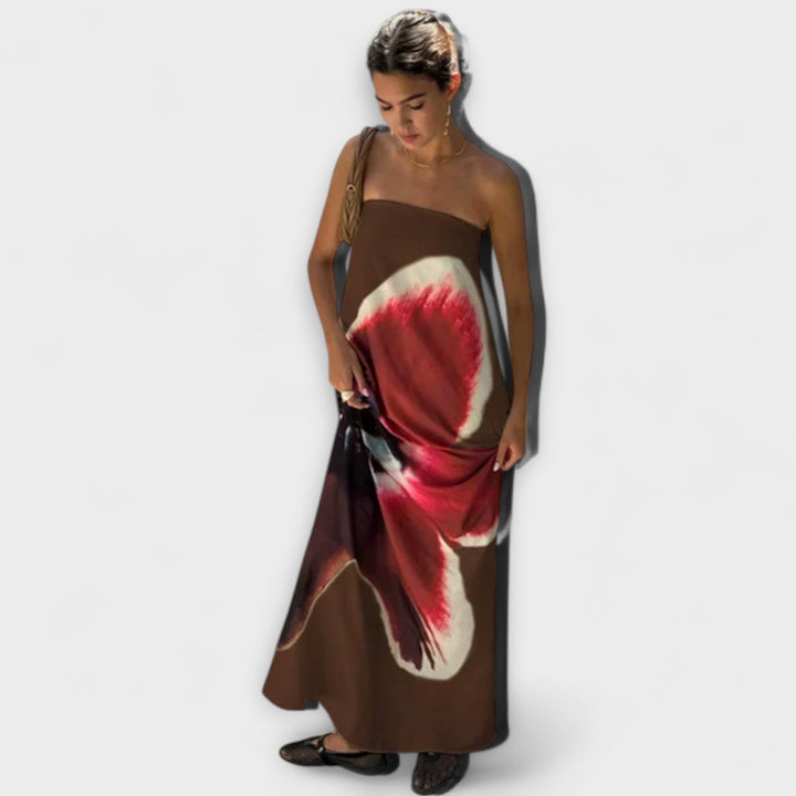 Chic off-shoulder bezramenné maxi šaty